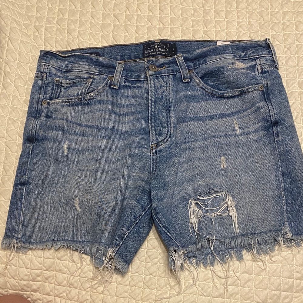 Jorts! Low rise. Lucky Brand Frayed Blue Denim Shorts